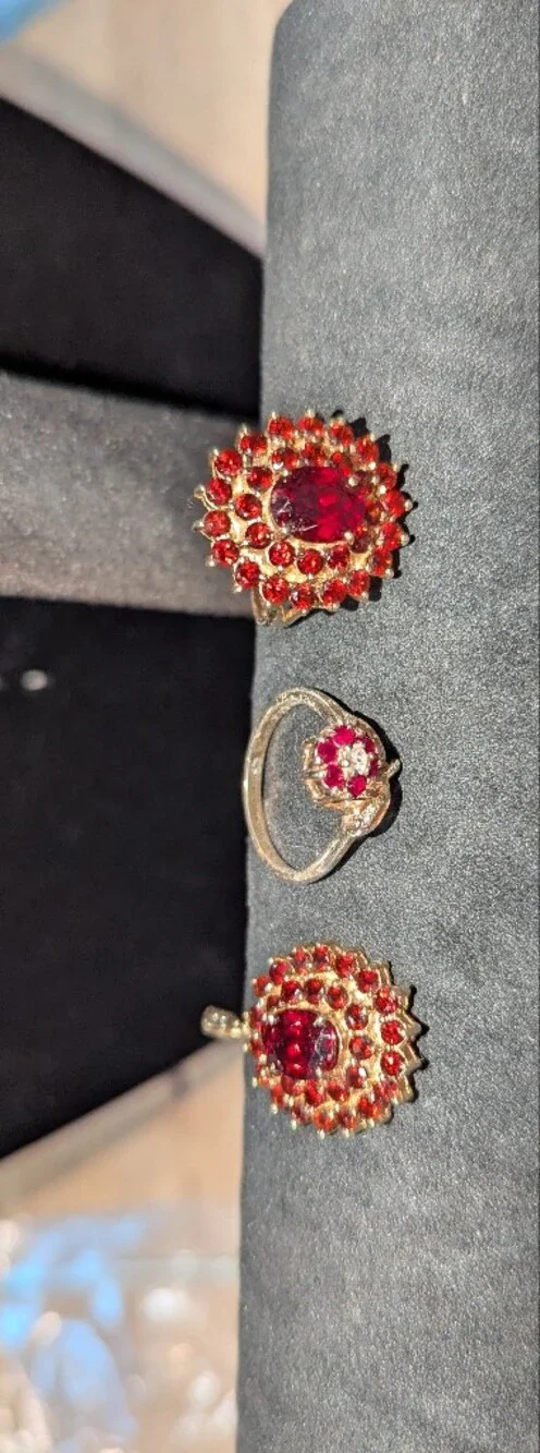 Gold-Tone Red Cluster Ring And Pendant Set